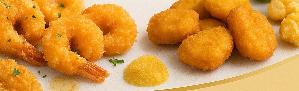 Breaded prawns, nuggets and vegetables