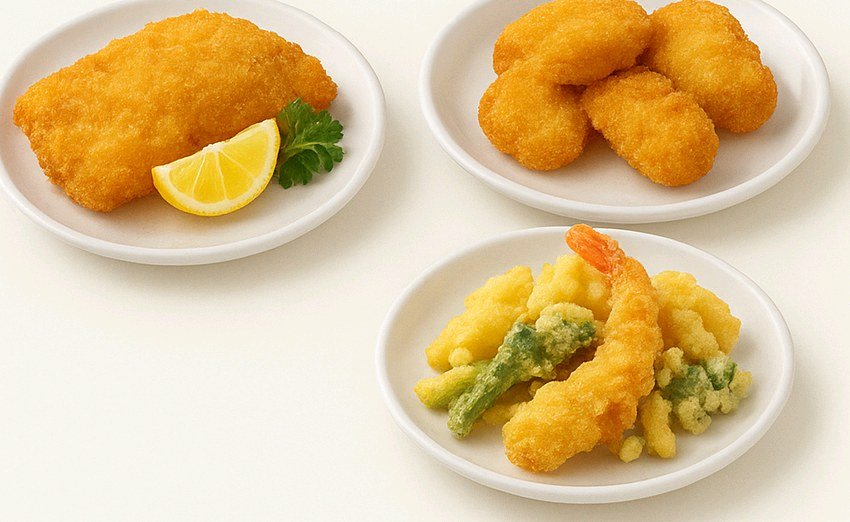 Fish, poultry and vegetable products coated